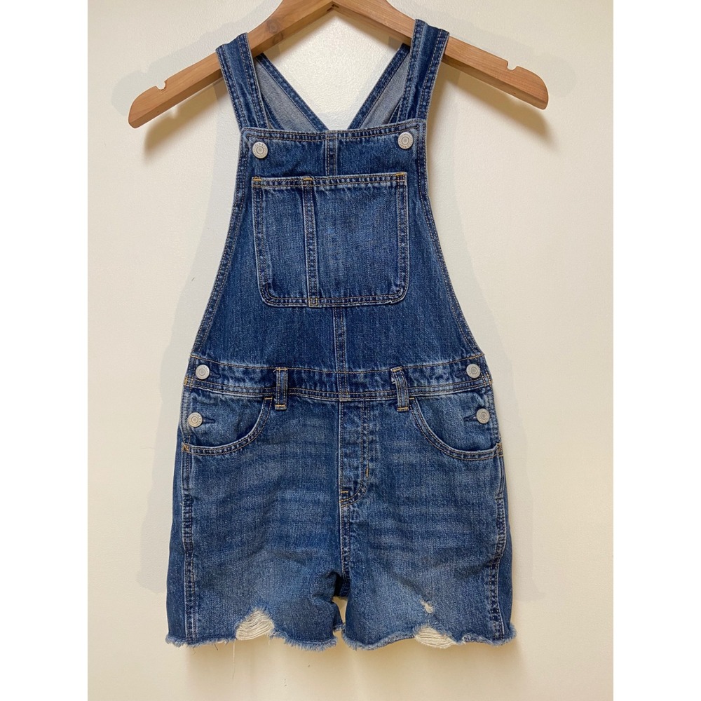 Old Navy Denim Shortalls Girls Size L 10-12 Blue Distressed Raw Hem Overalls
